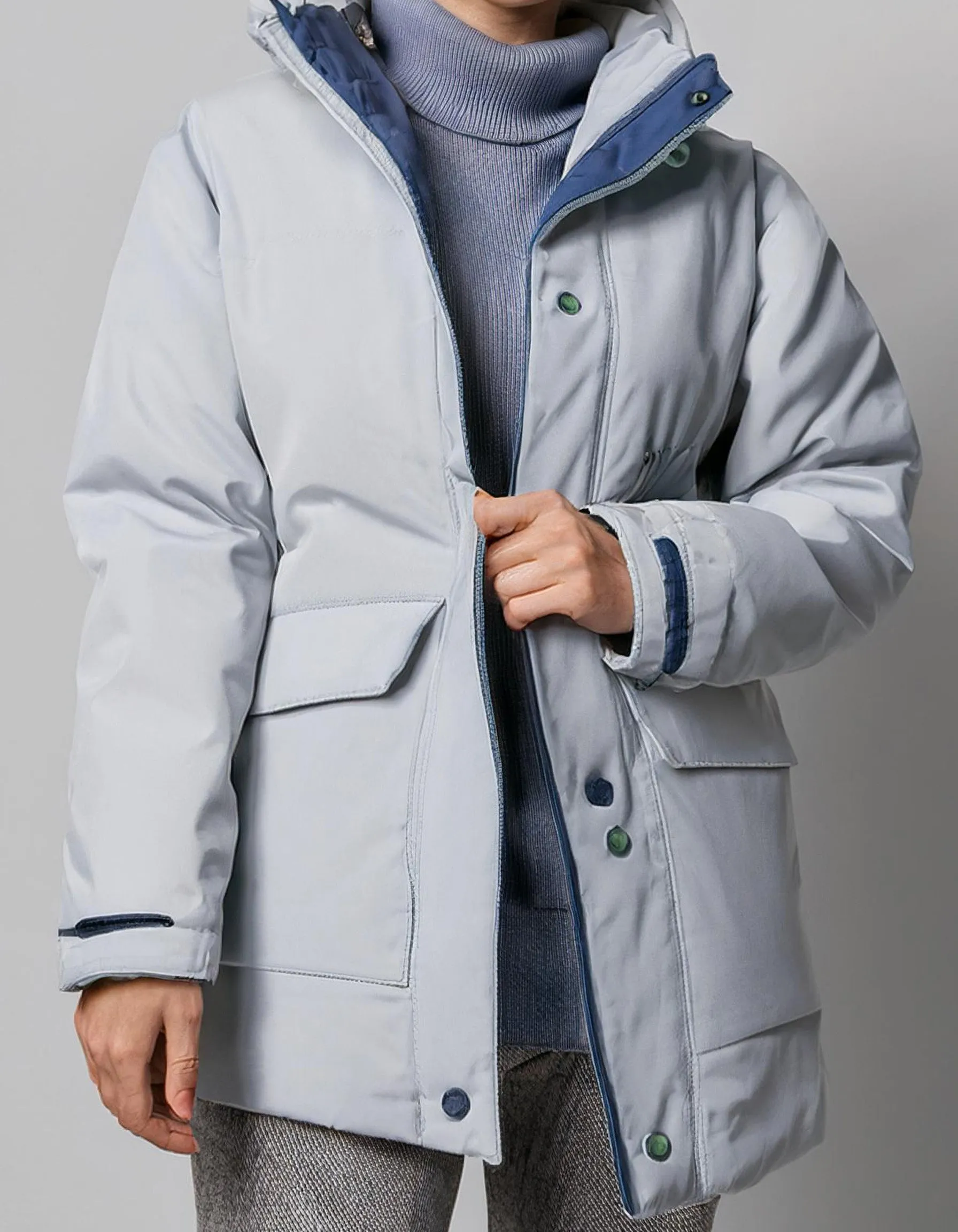 Light Blue Parka with Thick Hood and Insulation