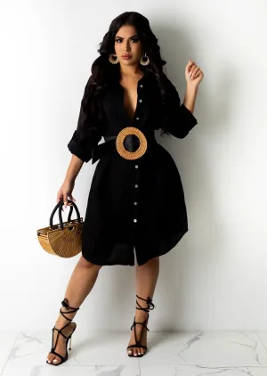 Long Sleeve Button Collared Midi Belted Dresses