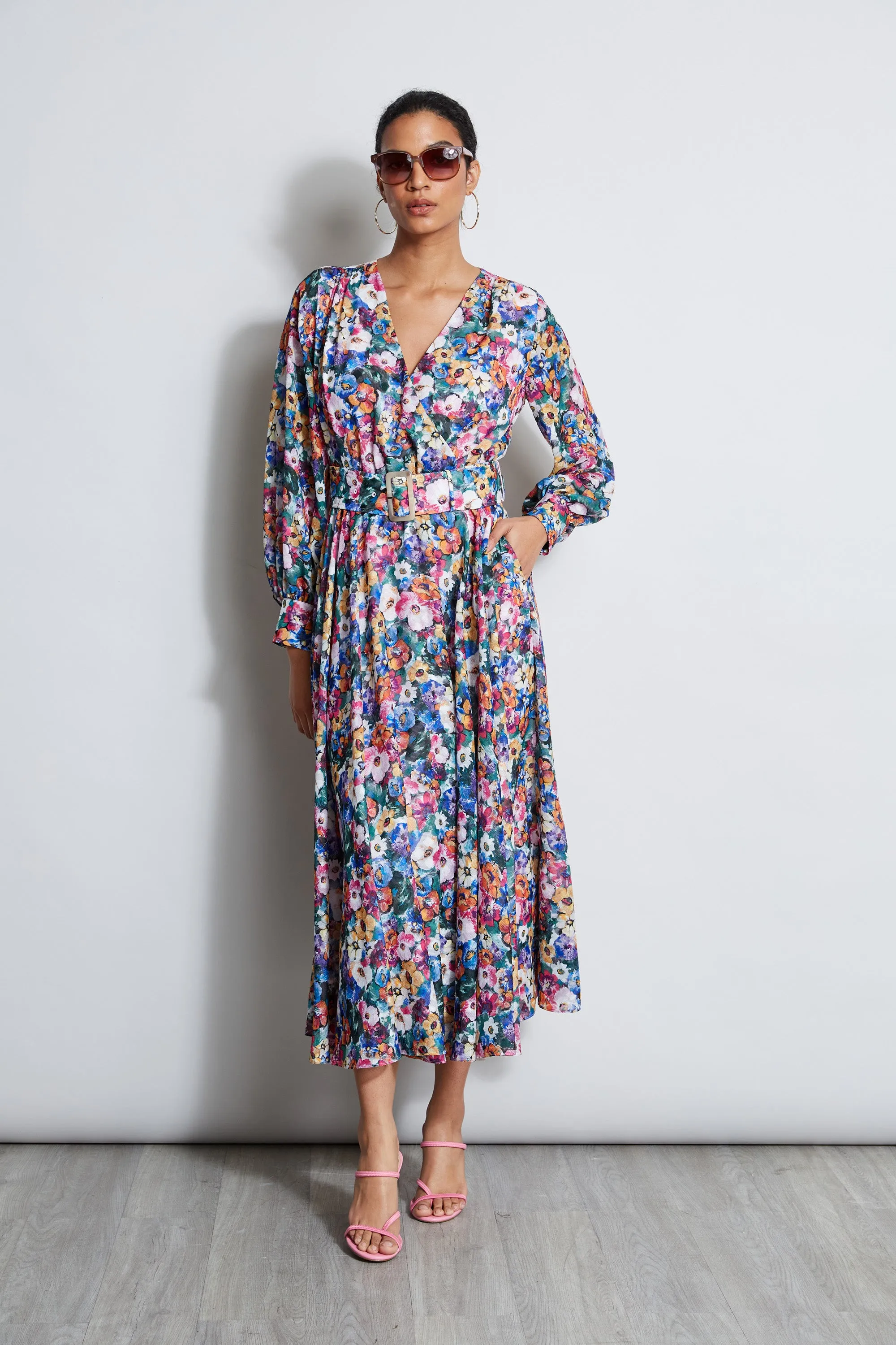 Long Sleeve Floral Belted Dress