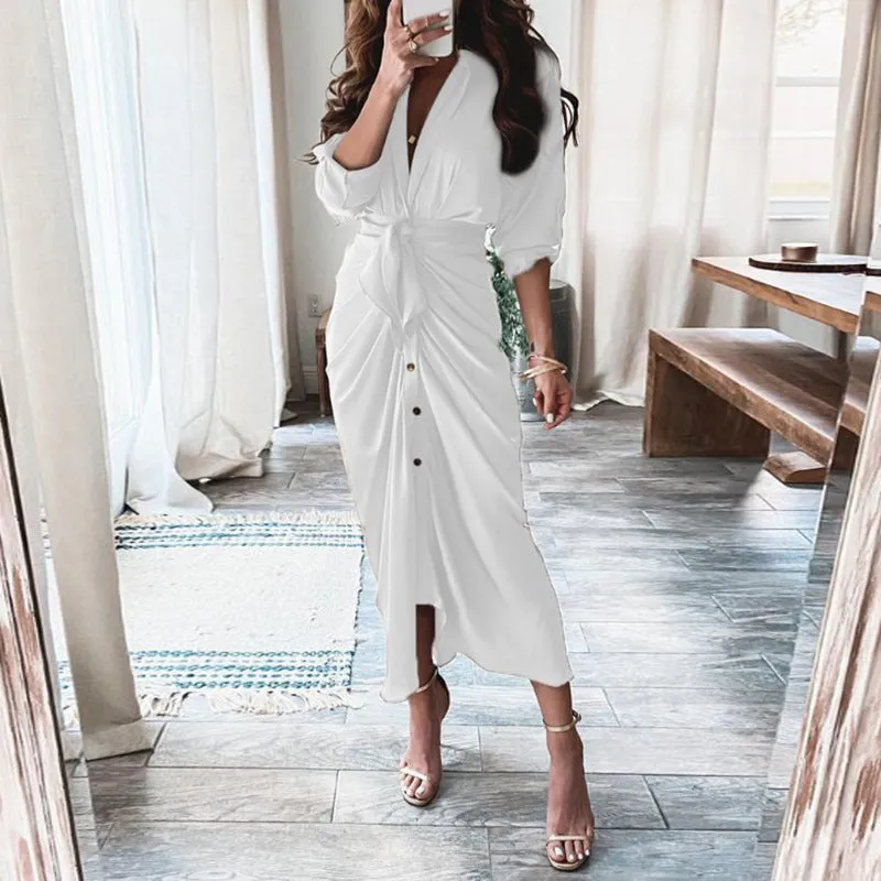 Long-Sleeved Lace-Up Single-Breasted Shirt Dress