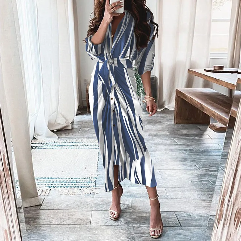 Long-Sleeved Lace-Up Single-Breasted Shirt Dress