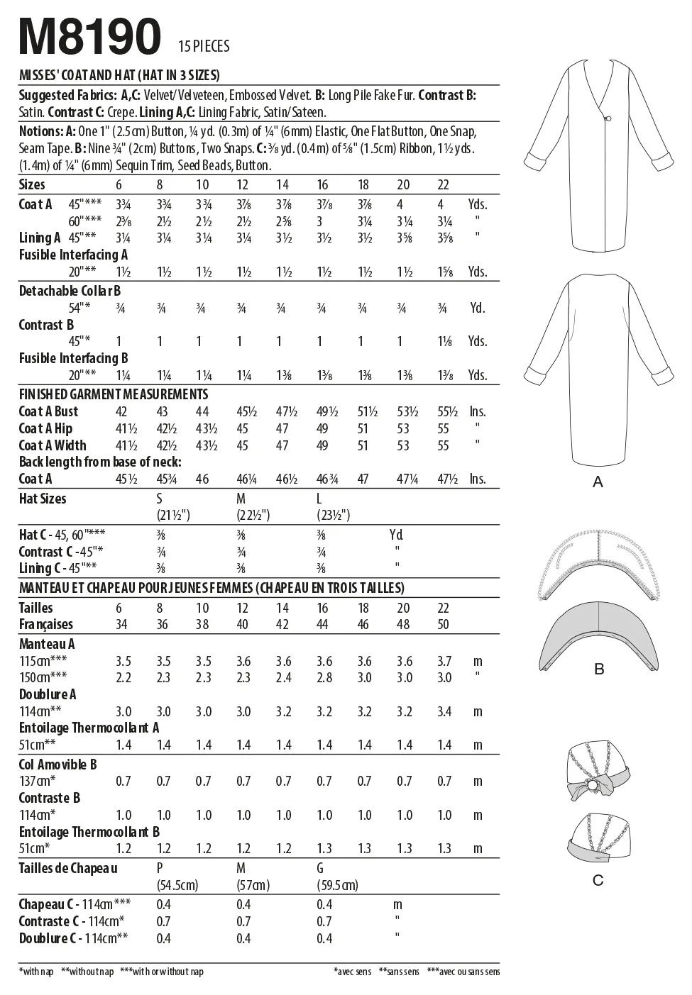 McCall's Pattern M8190 Misses' Coat & Hat (Hat In 4 Sizes)