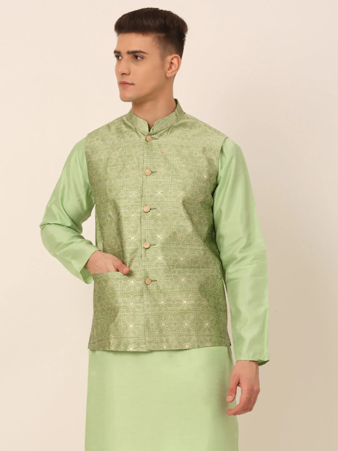 Men Beige & Golden Woven Design Nehru Jackets-JOWC_4045Pista