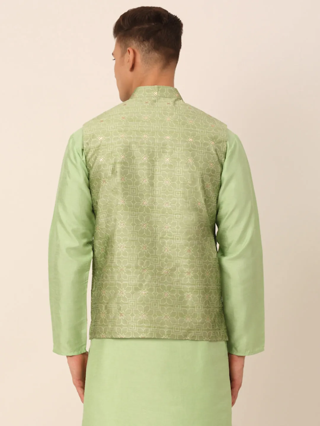 Men Beige & Golden Woven Design Nehru Jackets-JOWC_4045Pista