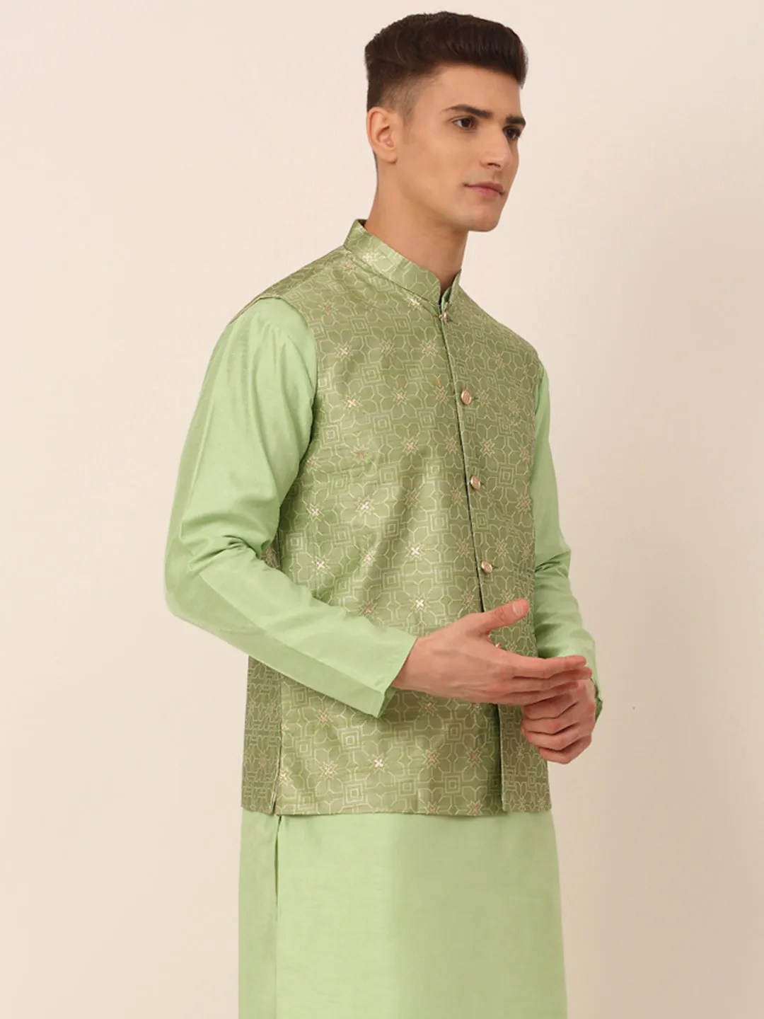 Men Beige & Golden Woven Design Nehru Jackets-JOWC_4045Pista