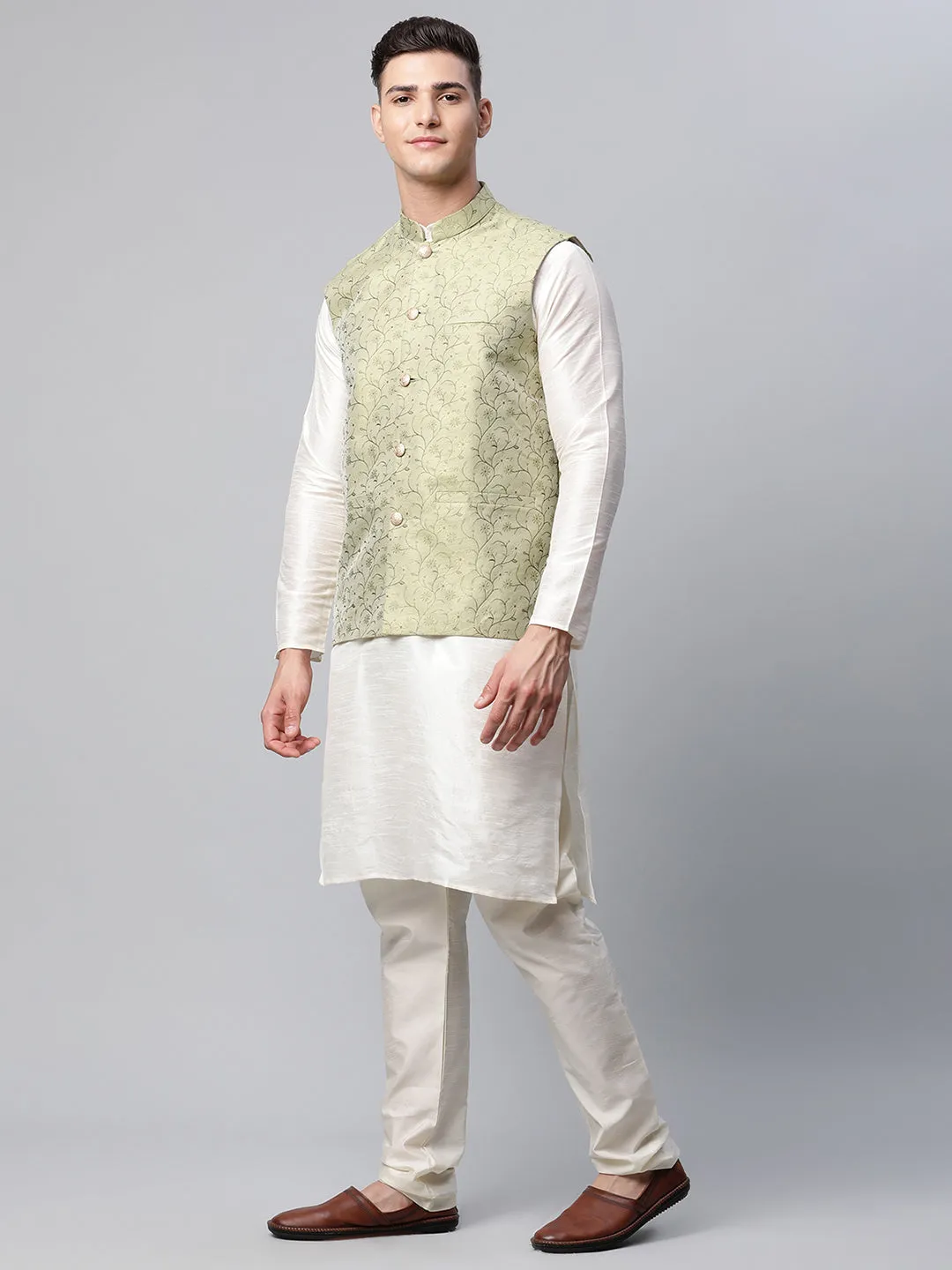 Men Dupion Silk Kurta Pyjama With Pista Green Printed Nehru Jacket