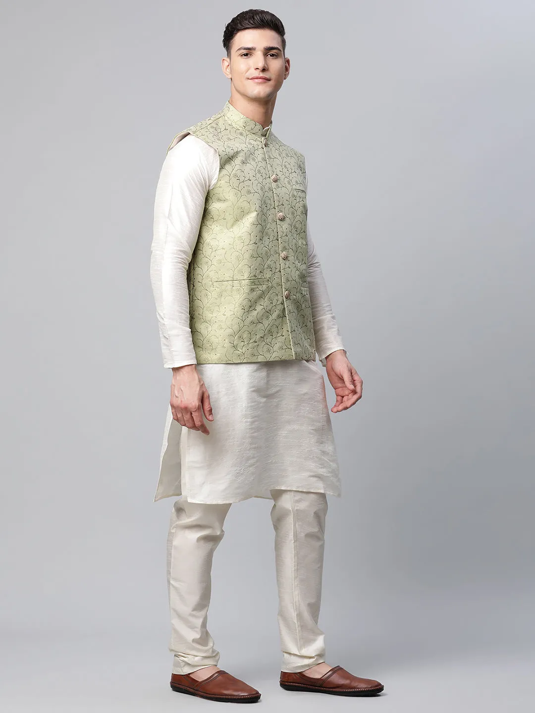 Men Dupion Silk Kurta Pyjama With Pista Green Printed Nehru Jacket