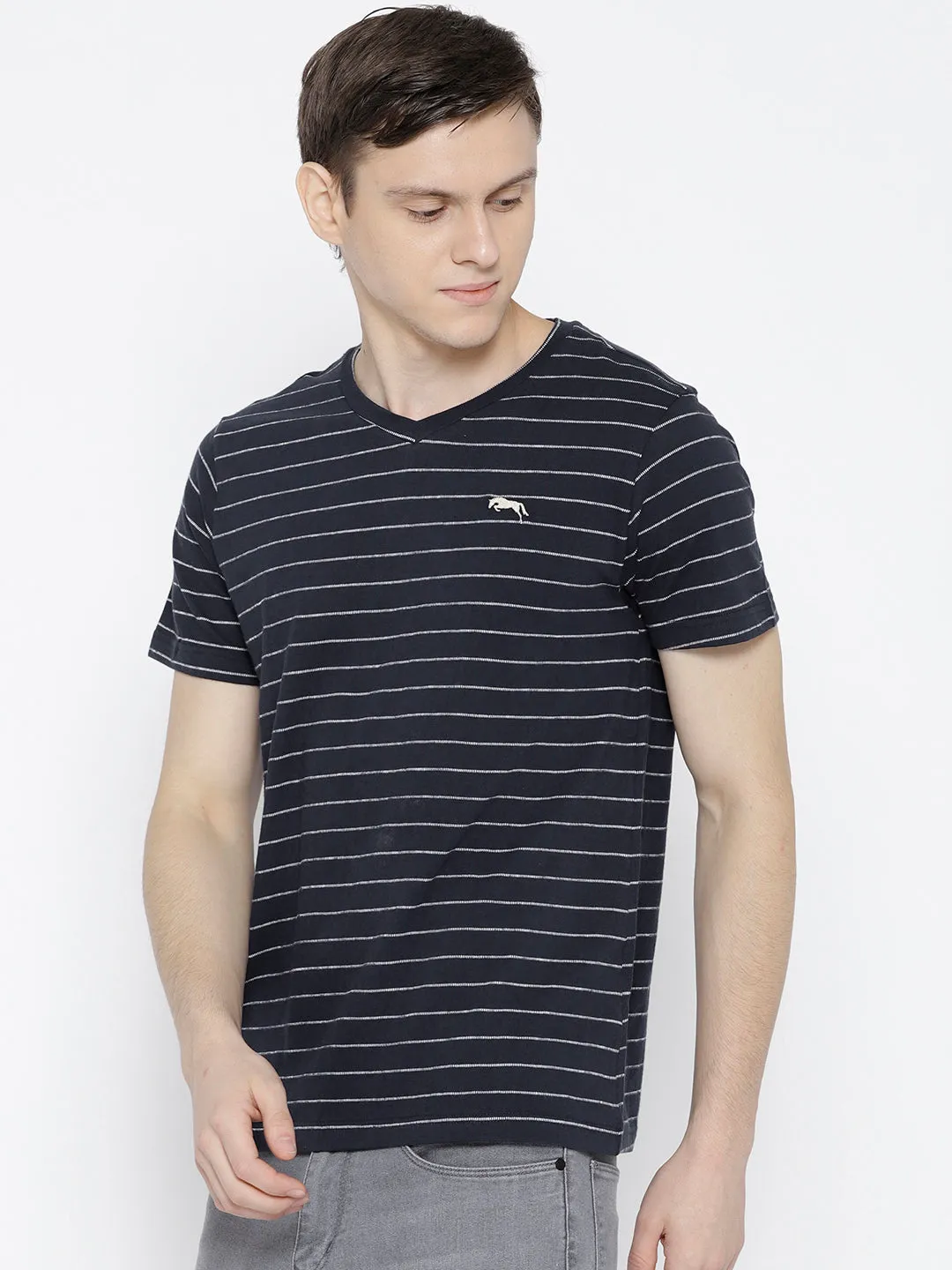 Men Navy Blue Striped V-Neck T-shirt