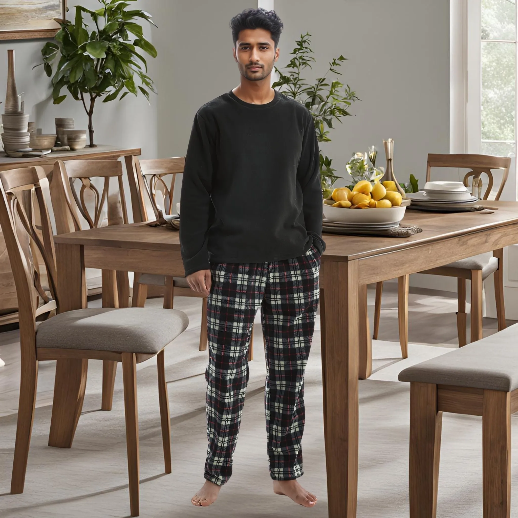 Men's Comfy PJs: Long Sleeve Thermal Fleece Pyjama Set in Black and Red.