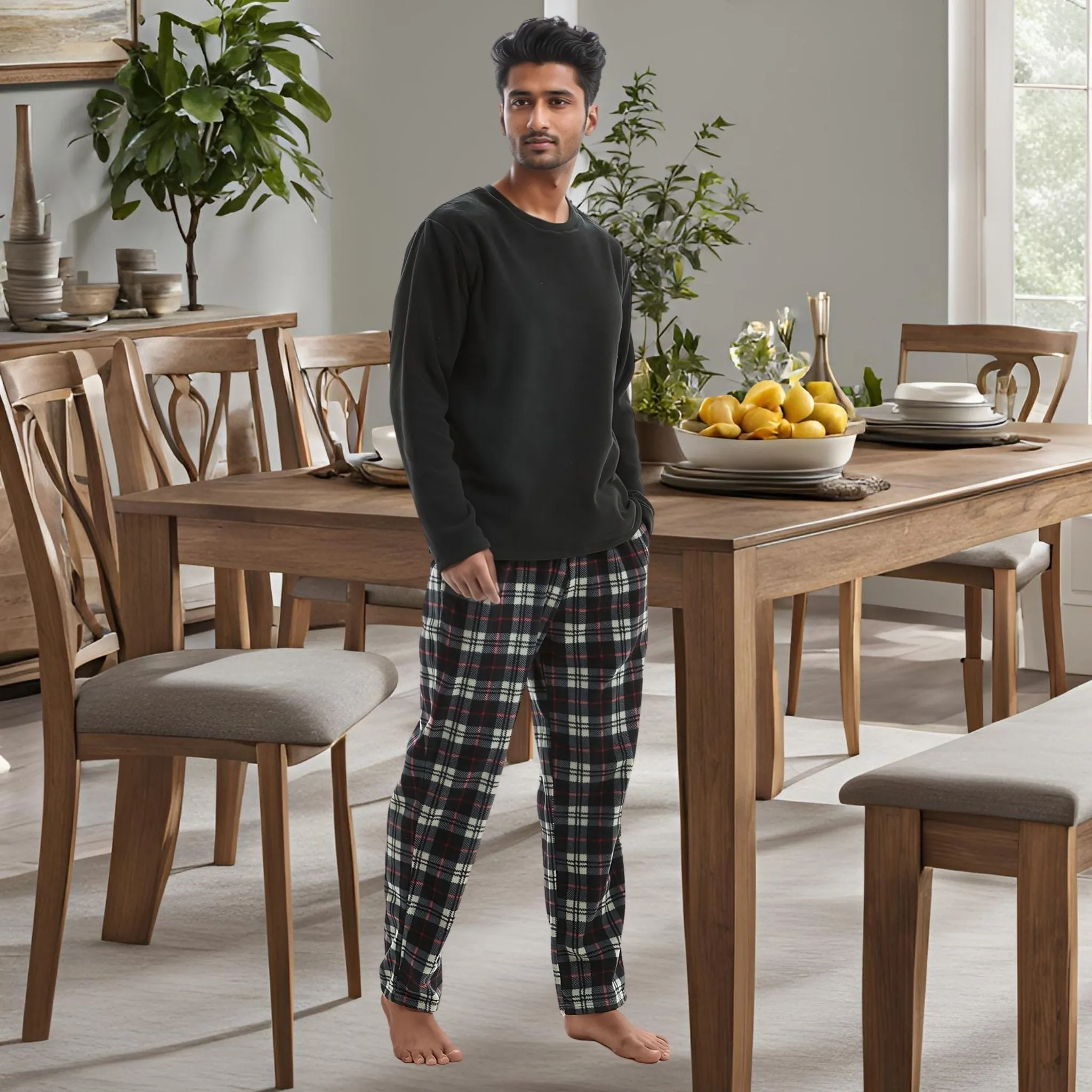 Men's Comfy PJs: Long Sleeve Thermal Fleece Pyjama Set in Black and Red.