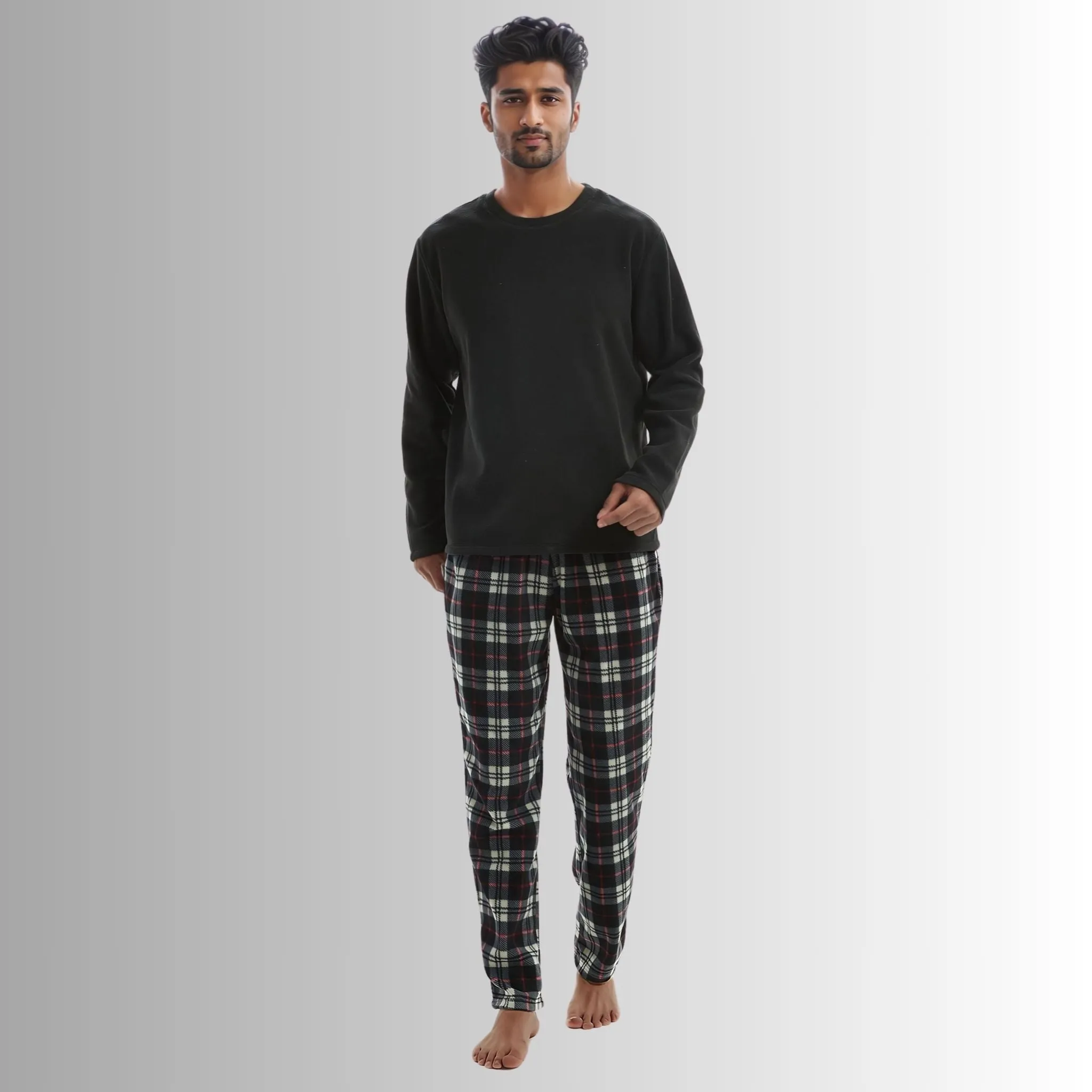 Men's Comfy PJs: Long Sleeve Thermal Fleece Pyjama Set in Black and Red.