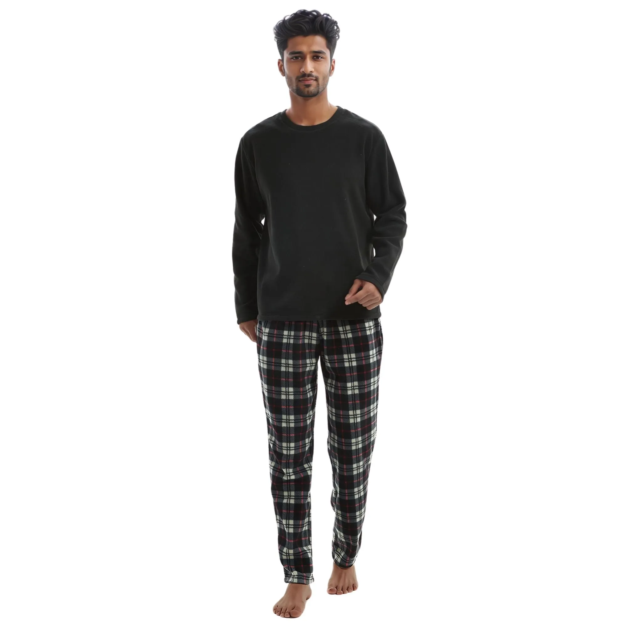 Men's Comfy PJs: Long Sleeve Thermal Fleece Pyjama Set in Black and Red.