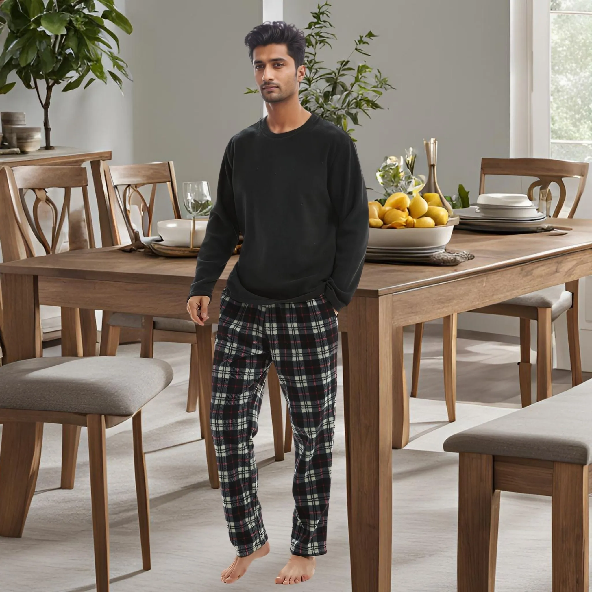 Men's Comfy PJs: Long Sleeve Thermal Fleece Pyjama Set in Black and Red.