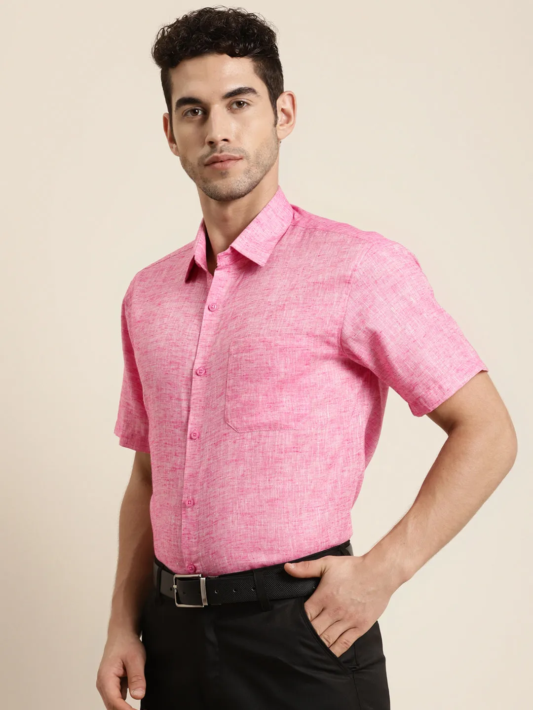 Men's Cotton Blend Pink Half sleeves Casual Shirt