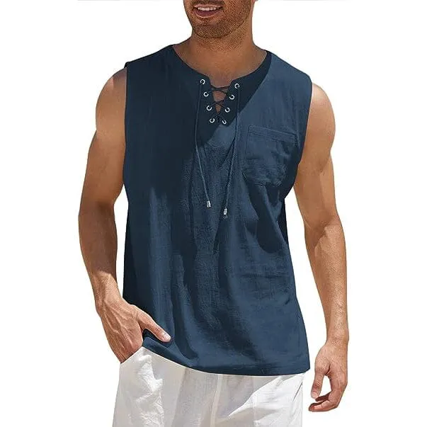 Men's Cotton Linen Tank Top Shirts Casual Sleeveless Lace Up Beach Hippie Tops Bohemian Renaissance Pirate Tunic