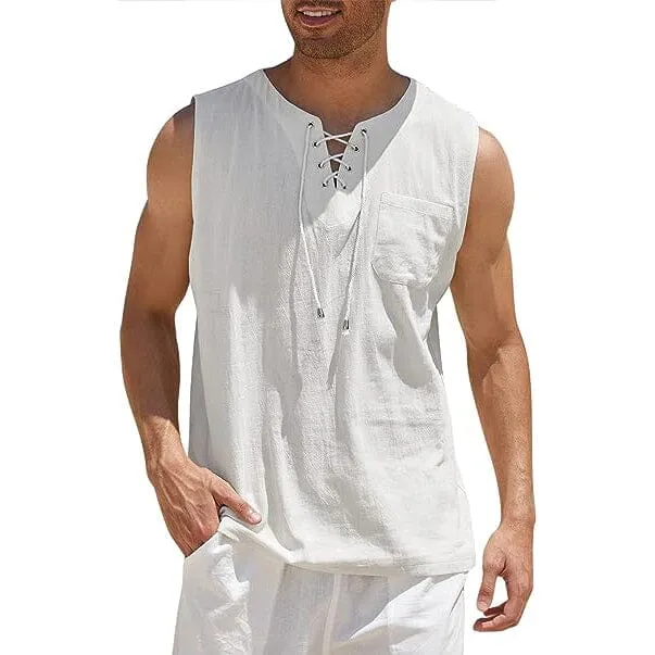 Men's Cotton Linen Tank Top Shirts Casual Sleeveless Lace Up Beach Hippie Tops Bohemian Renaissance Pirate Tunic