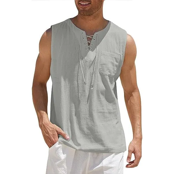 Men's Cotton Linen Tank Top Shirts Casual Sleeveless Lace Up Beach Hippie Tops Bohemian Renaissance Pirate Tunic