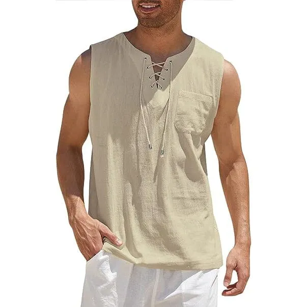 Men's Cotton Linen Tank Top Shirts Casual Sleeveless Lace Up Beach Hippie Tops Bohemian Renaissance Pirate Tunic