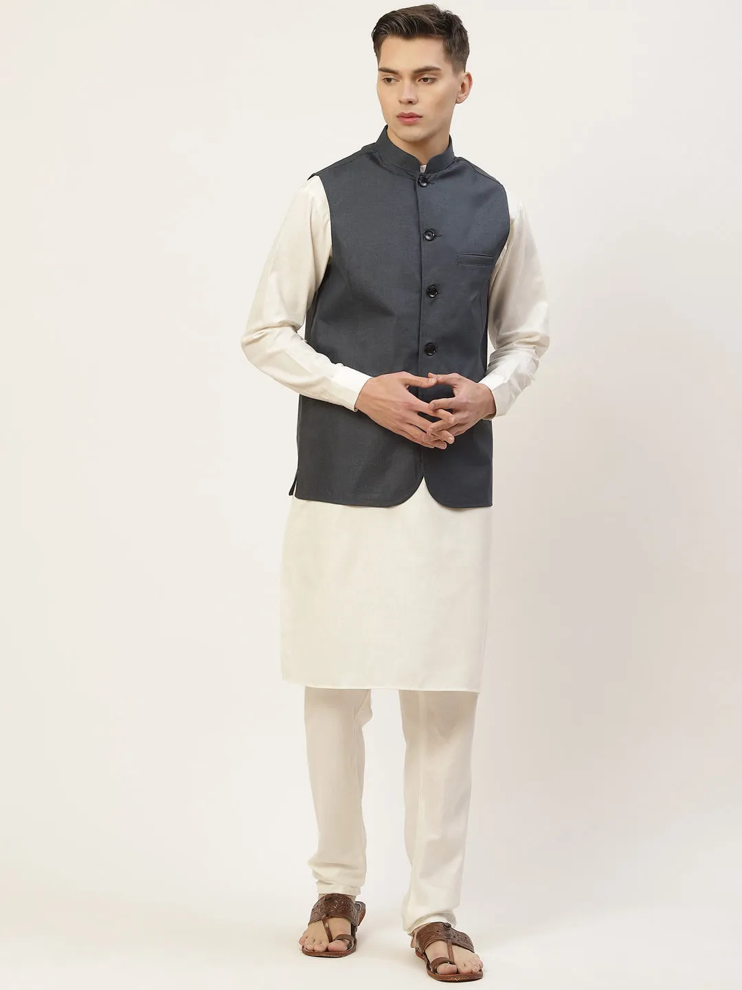 Men's Kurta Pyjama With Teal Blue Solid Nehru Jacket