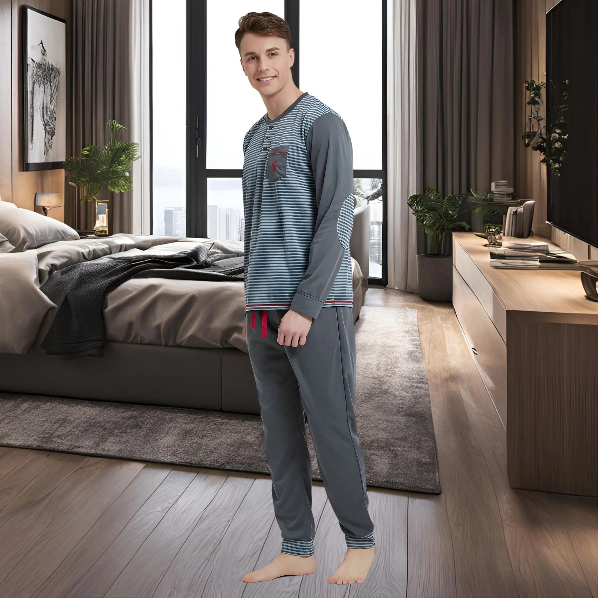 Men's Long Sleeve Pyjamas, Grey-Blue Stripe Loungewear Novelty Pjs