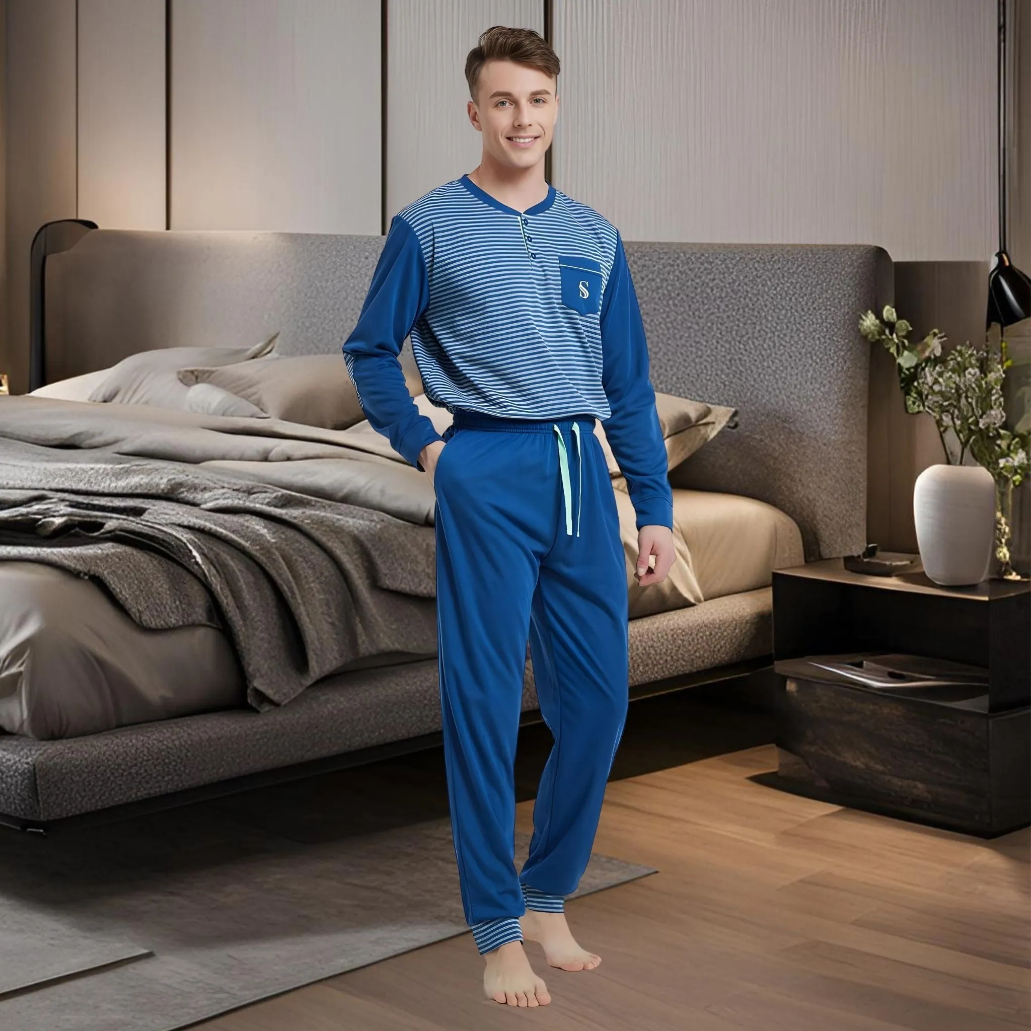 Men's Long Sleeve Pyjamas, Grey-Blue Stripe Loungewear Novelty Pjs