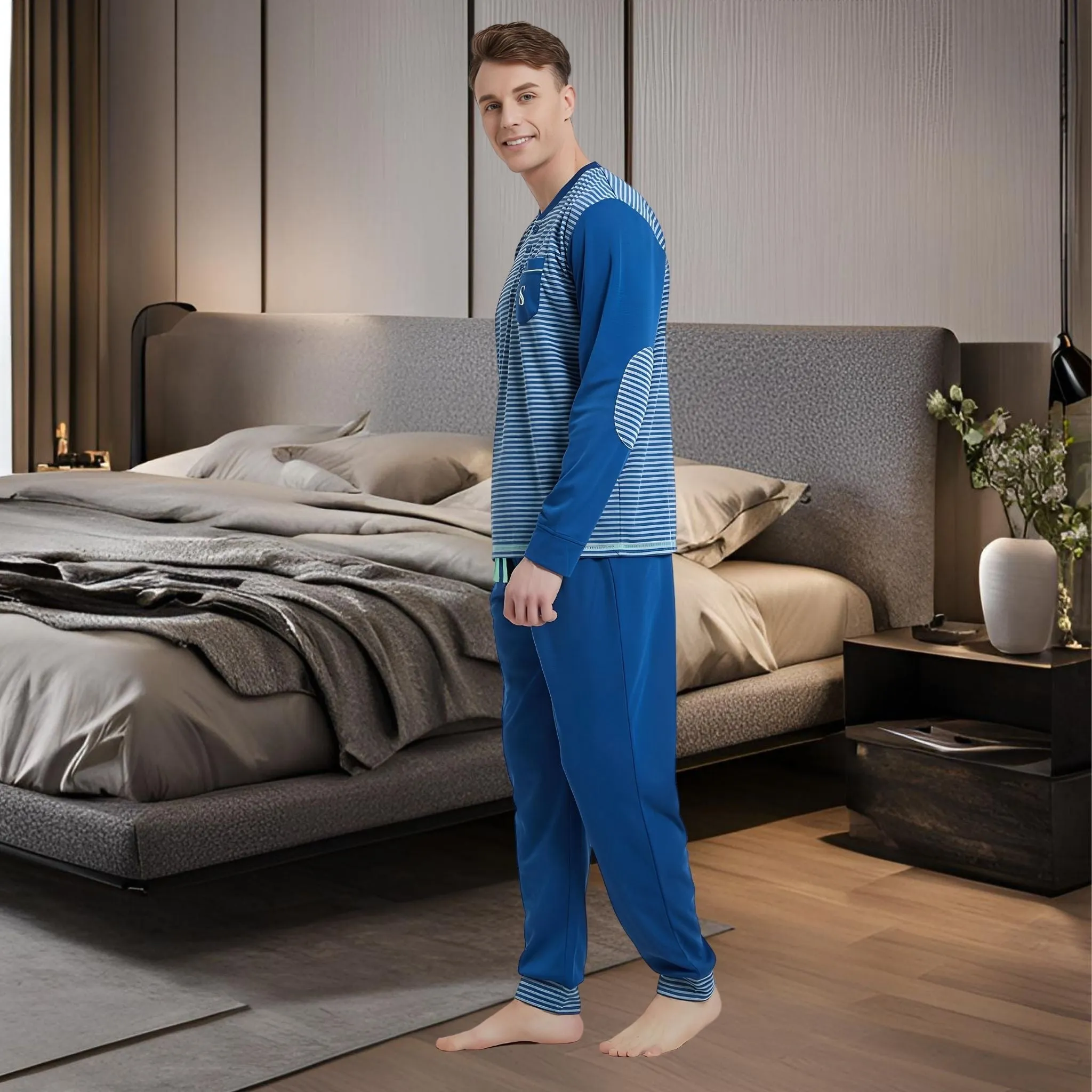 Men's Long Sleeve Pyjamas, Grey-Blue Stripe Loungewear Novelty Pjs