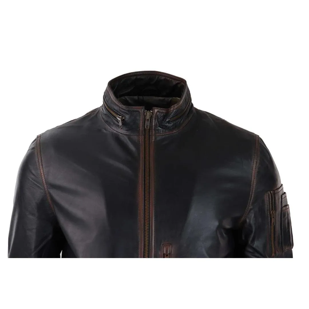 Mens Real Leather Bomber Jacket Black Brown Vintage High Collar Zipped