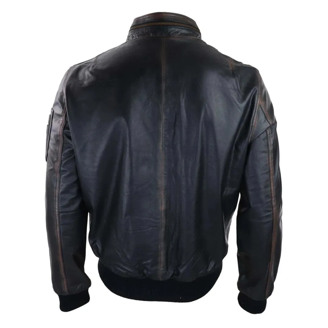 Mens Real Leather Bomber Jacket Black Brown Vintage High Collar Zipped