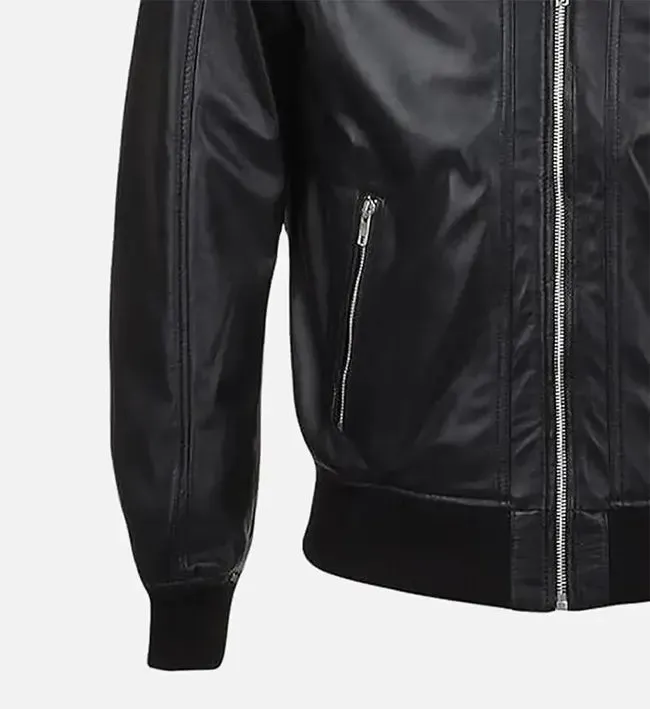 Men’s Snap Double Button Collar Black Leather Bomber Jacket