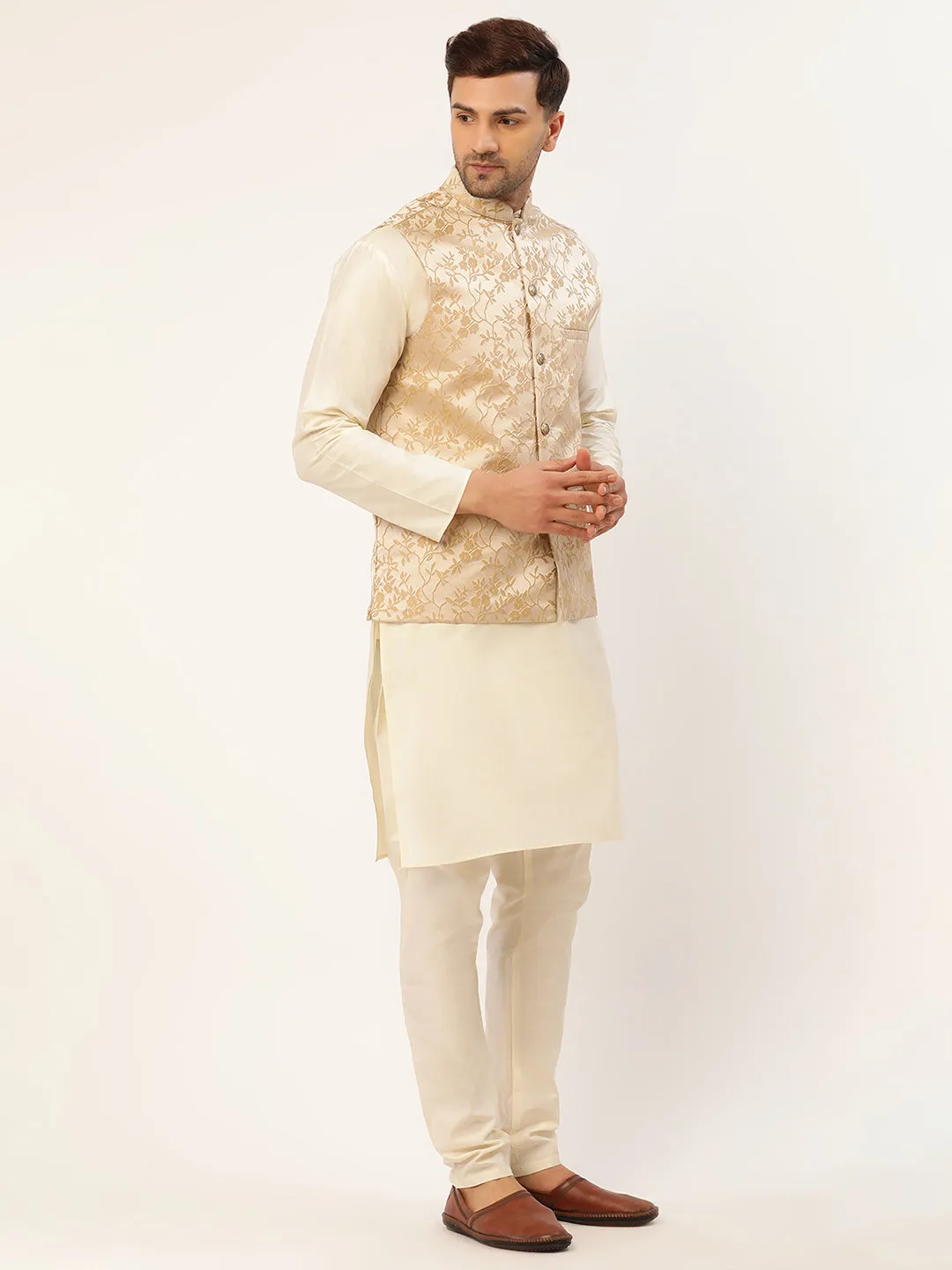 Men's Solid Kurta Pyjama With Beige Floral Embroidered Nehru Jacket