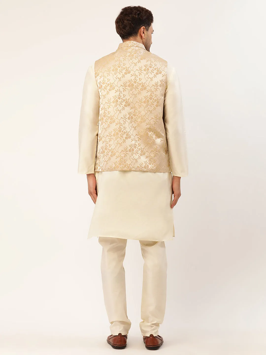 Men's Solid Kurta Pyjama With Beige Floral Embroidered Nehru Jacket