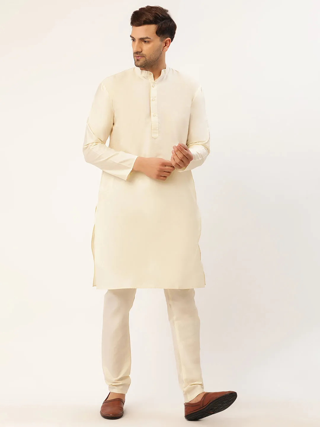 Men's Solid Kurta Pyjama With Beige Floral Embroidered Nehru Jacket