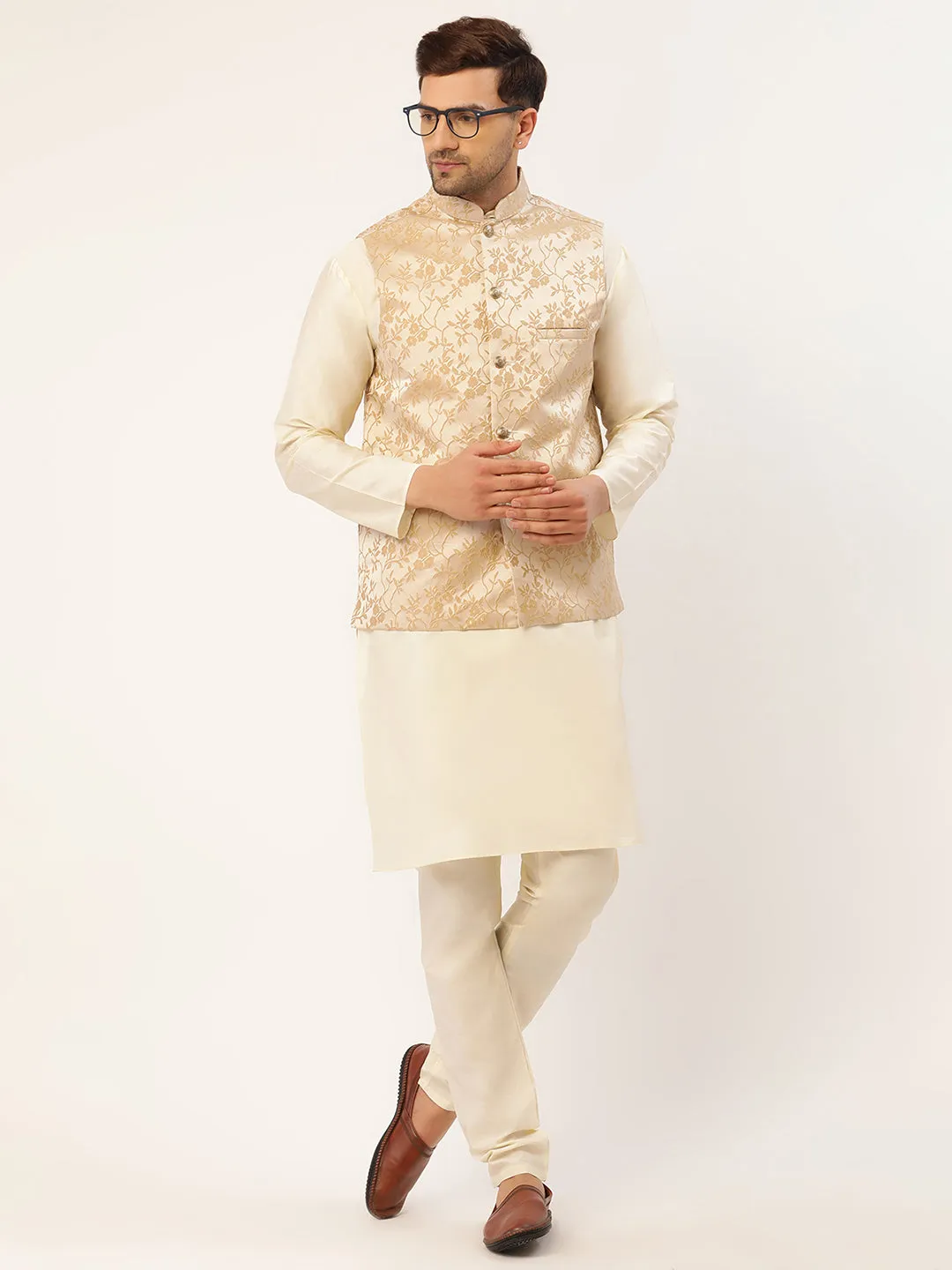 Men's Solid Kurta Pyjama With Beige Floral Embroidered Nehru Jacket