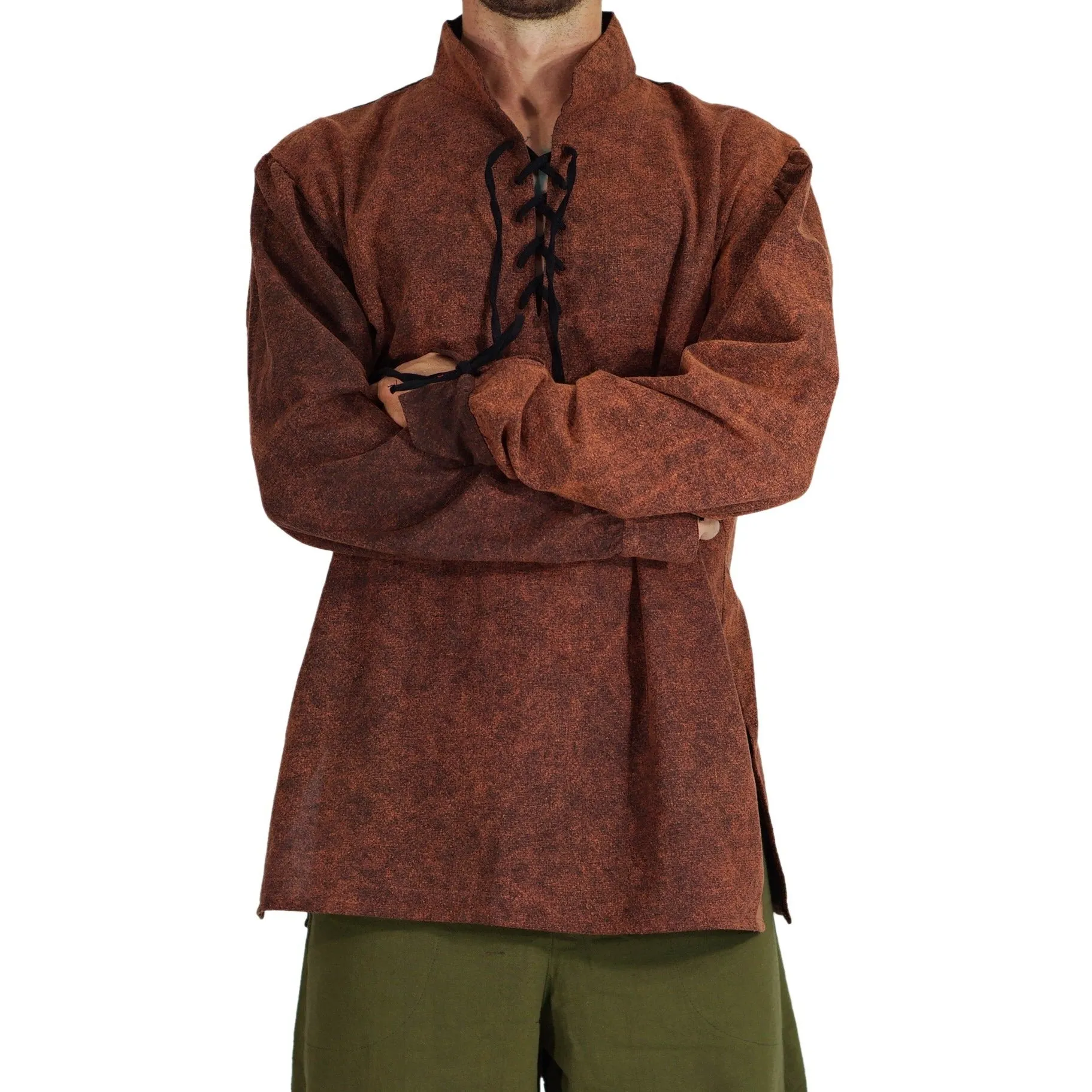 'Merchant' Renaissance Shirt High Collar - Stone Brown