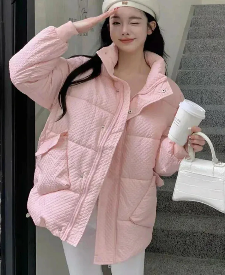 Metaversmall Winter Jacket Women Parkas New Snowsuit Fashion Long Sleeve Beige Coats Loose Korean Female Stand Collar Bread Clothes