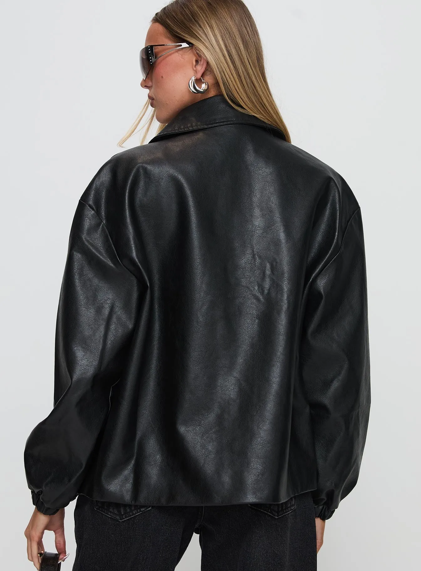 Missed Call Faux Leather Bomber Jacket Black