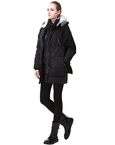 Miya Women's Thickened Hooded Down Jacket Long Sections with Fur Collar, Black, Medium