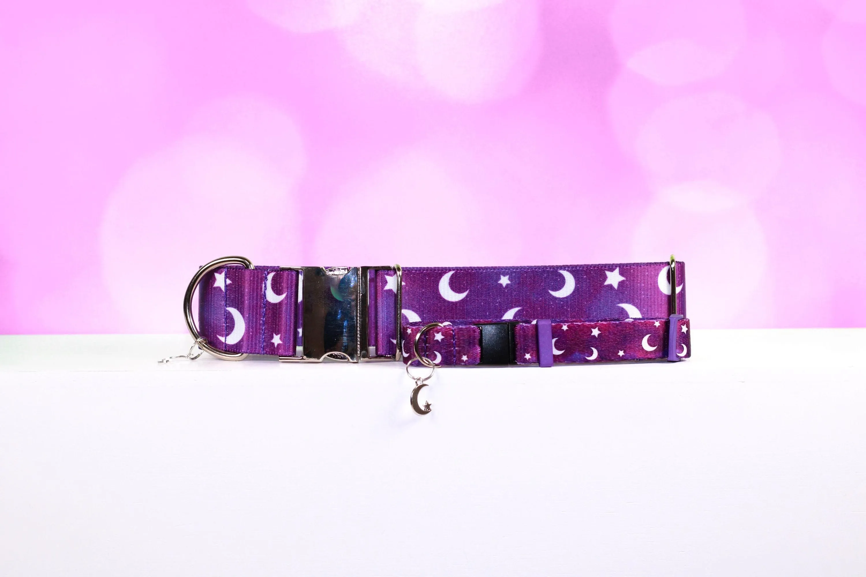 Moon and star, dog collar,Purple galaxy,NBS ,Galaxy dog collar,Witchy dog, Luna, No buckle slide, 1.5", Cat collar