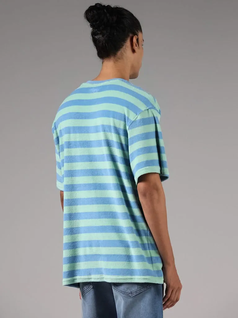 Nuon Blue Striped Typographic Cotton Relaxed-Fit T-Shirt