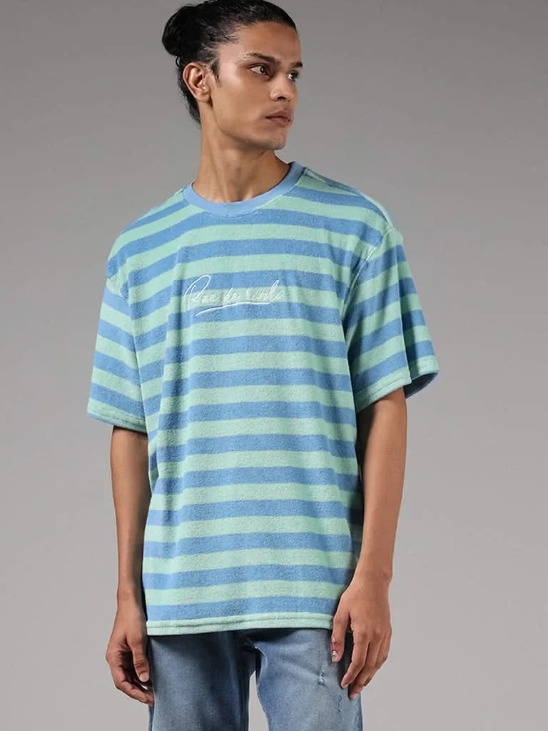 Nuon Blue Striped Typographic Cotton Relaxed-Fit T-Shirt