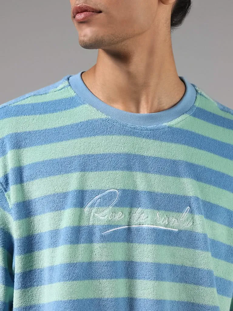 Nuon Blue Striped Typographic Cotton Relaxed-Fit T-Shirt