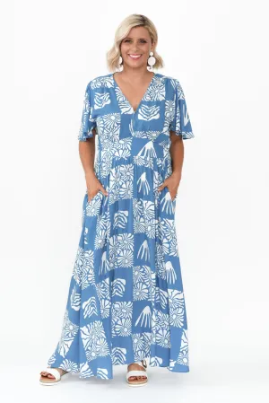 Ora Blue Floral Flutter Sleeve Dress