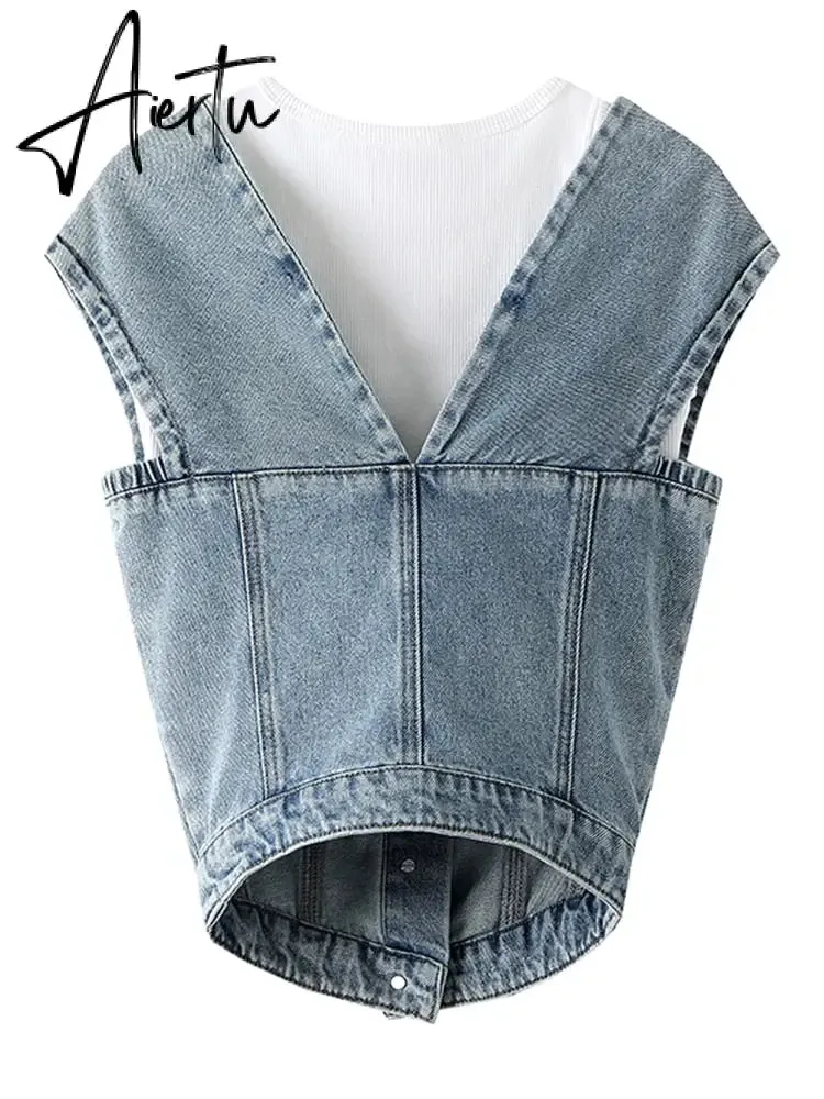 Patchwork Pocket Denim Shirt For Women Round Neck Sleeveless Off Shoulder Spliced Button Blouse Female Fashion