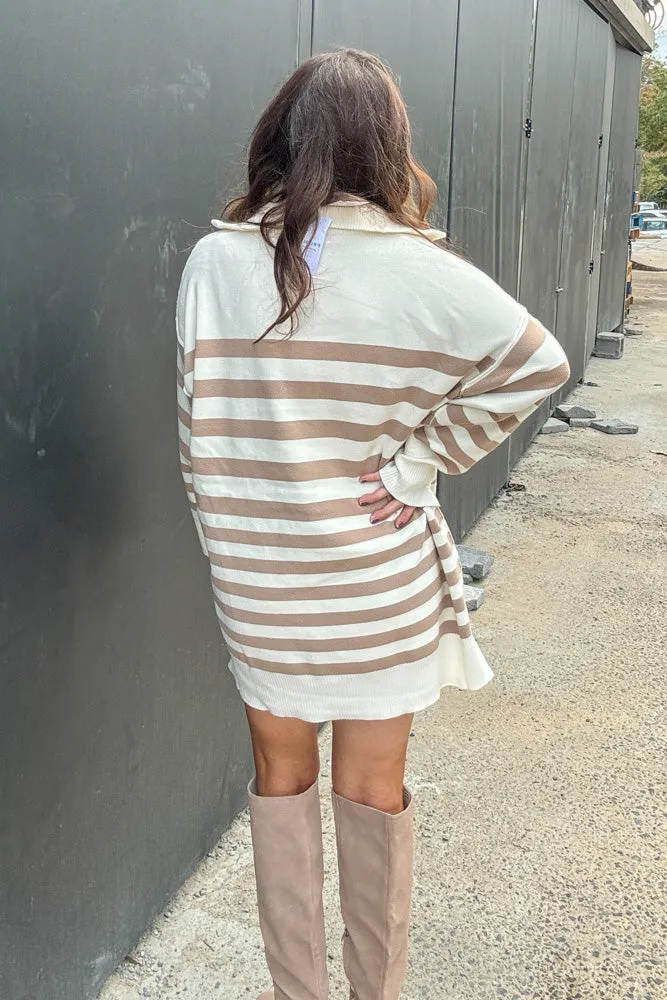 Perfectly Striped Sweater Tunic Dress-Cream/Sand