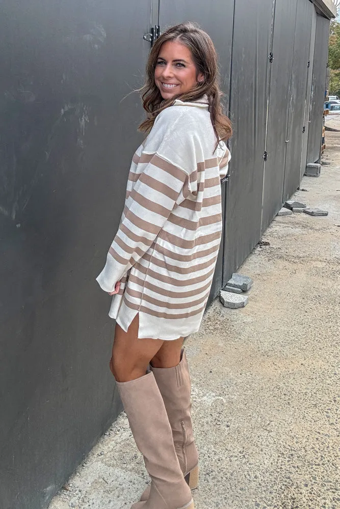 Perfectly Striped Sweater Tunic Dress-Cream/Sand