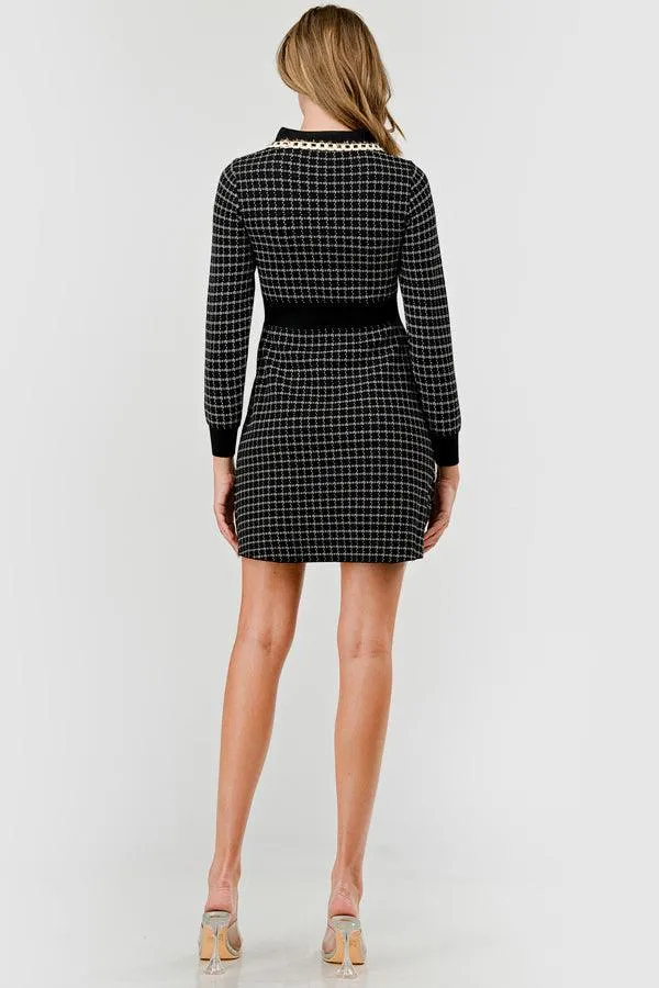 Plaid Knit Sweater Dress with Embellishment DBLD4030