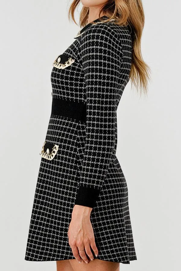 Plaid Knit Sweater Dress with Embellishment DBLD4030