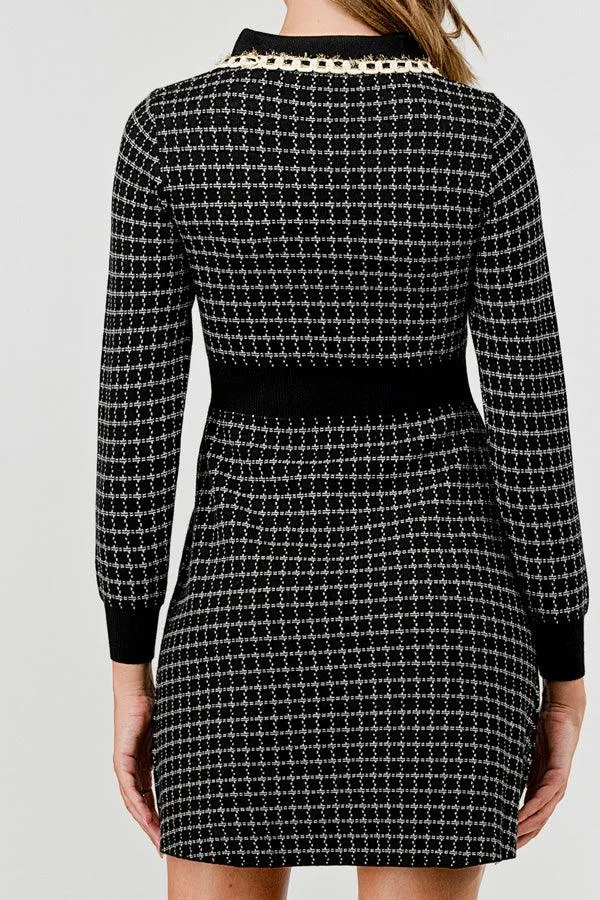 Plaid Knit Sweater Dress with Embellishment DBLD4030