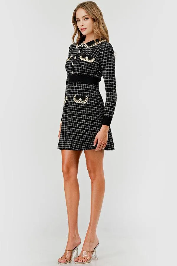 Plaid Knit Sweater Dress with Embellishment DBLD4030