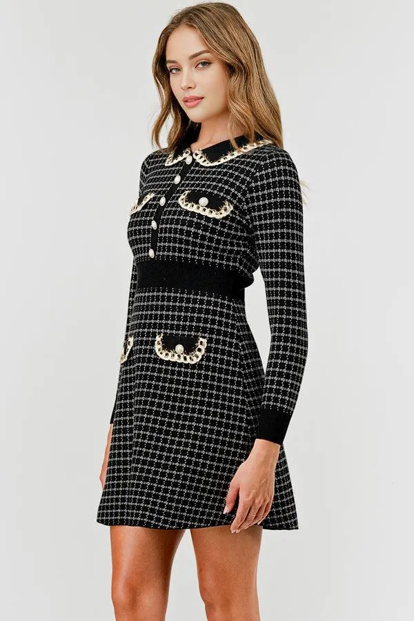 Plaid Knit Sweater Dress with Embellishment DBLD4030